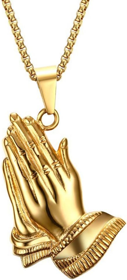 Stainless Steel Praying Hands Pendant Necklace,Gold,Free Chain 24"...
