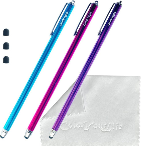 Bundle of 3-Pack 7.3" Extra Long Thin Tip High Precision Universal Capacitive Stylus Pens for Touch Screens and Microfiber Cloth (Purple, Hot Pink...