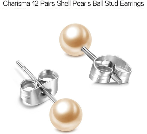 Charisma 6mm Composite Pearl Earrings Round Ball Pearls Stud Earrings Hypoallergenic 12 Pairs Mixed Color Imitation Pearl Earrings Set for Women...