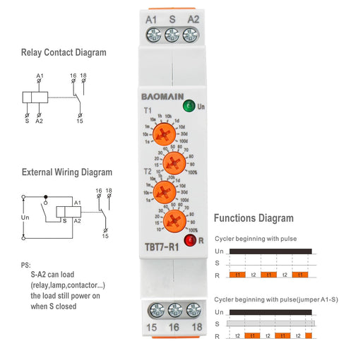 Baomain Asymmetric Cycler Time Relay, 16A SPDT, Repeat Cycle Time Relay for Room Ventilation,Cyclic Dehumidification TBT7-R1 (1-SPDT, 12-240VAC/DC...