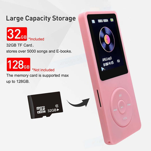 MP3 Player 32GB with Speaker Earphones Portable Music Player for Kids Support FM Radio Voice Recorder E-Book Support up to 128GB Pink......