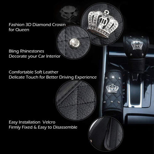Uphily Black Leather Gear Shift Knob Cover with Bling Crystal Rhinestones Tiara Crown, for Women or Girls...