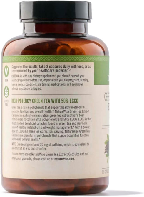 NatureWise Green Tea Extract Capsules 1000 mg - 50% EGCG & 98% Polyphenols - Extra Strength Antioxidants for Heart Health and Energy - Vegan, Glut...