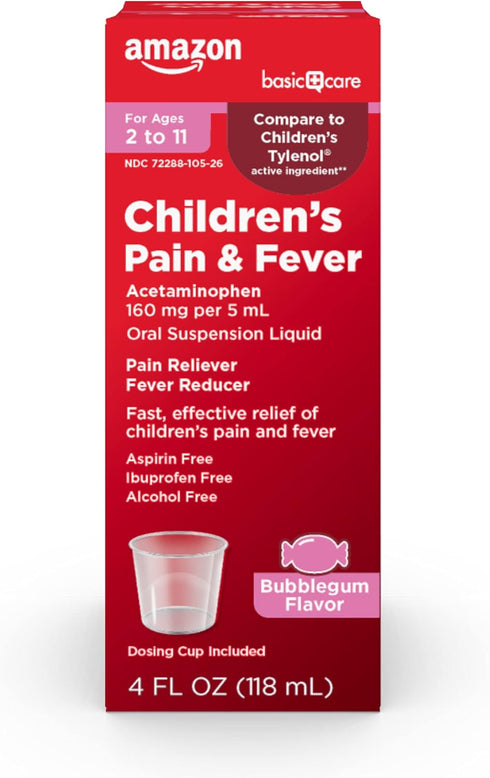 Amazon Basic Care Children's Pain Reliever Oral Suspension Liquid, Bubblegum Flavor, Acetaminophen 160 mg per 5 ml, Effective, Fever Reducer for A...