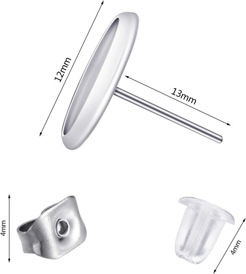 300 Pieces Stud Earring Kit Include 100pcs 12 mm Stainless Steel Blank Stud Bezel Settings 100 Rubber Backs 100 Earring Backs (Silver with Silver ...