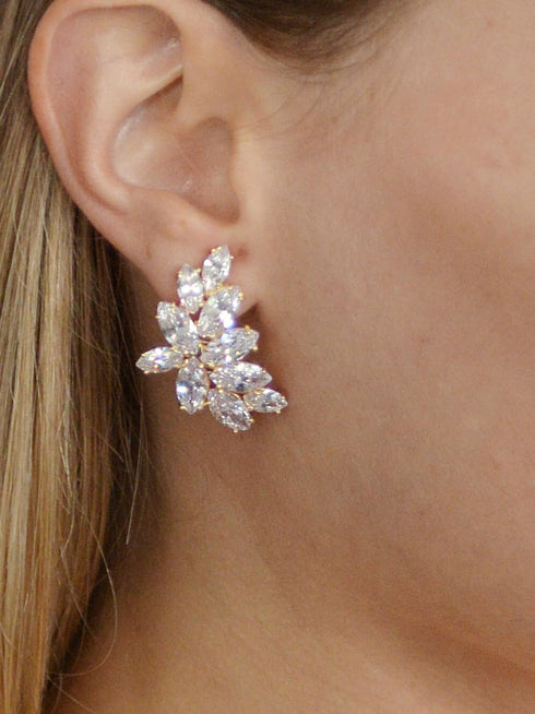 Mariell Gold Cubic Zirconia Crystal Bridal Earrings, Marquis Shape CZ Curved Clusters, Earrings for Wedding, Bridesmaids, Homecoming, Mother of th...