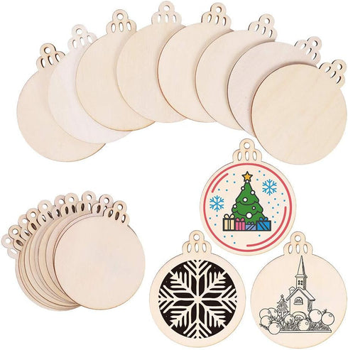 Max Fun 60PCS 3.5" DIY Wooden Christmas Ornaments Unfinished Predrilled Wood Slices Circles for Crafts Round Centerpieces Discs Holiday Hanging De...
