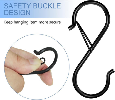 12 Pack S Hooks for Hanging, 3.5 inch Safety Buckle Design Heavy Duty Metal Black S Hooks for Hanging Plants, Pots, Pans, Cups, Clothes, Towels, B...