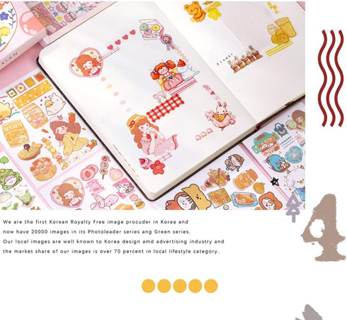 Kawaii Washi Stickers Set (50 Sheets) Cute Girl Pets Sweet Food Drink Adhesive Label Decorative Sticker for Scrapbooking Journaling Journal Planne...