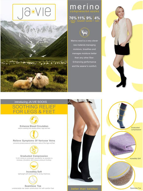 ja vie JAVIE 76% Merino Wool Compression Socks 15-20mmHg Seamless Toe for Women & Men...
