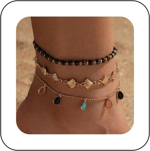 Boho Scallop Ankle Bracelet Gold Bead Anklet Bracelet Colorful Crystal Pendant Chain Anklet Colorful Crystal Dangle Anklet Foot Chain Jewelry for ...