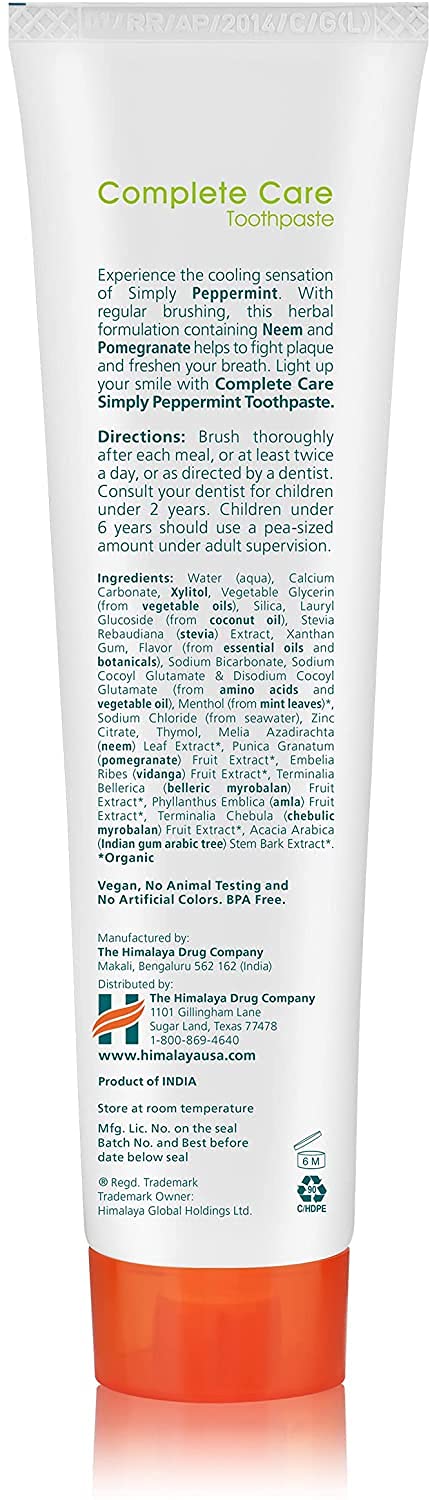 Himalaya Botanique Complete Care Toothpaste, Herbal, Peppermint Flavor, Fights Plaque, Freshens Breath, Fluoride Free, No Artificial Flavors, SLS ...