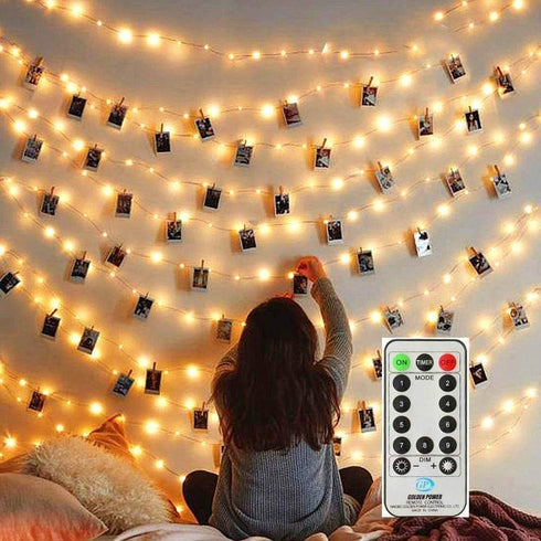 Dimmable 50 Battery-Powered Photo String Lights with Remote Control for Hanging Pictures, Cards, Memos - Warm White...