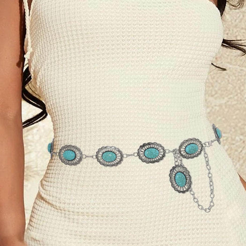 Navoky Turquoise Chain Belts Concho Belt Silver Metal Western Waist Chain Retro Boho Cowgirl Outfit Accessories for women...