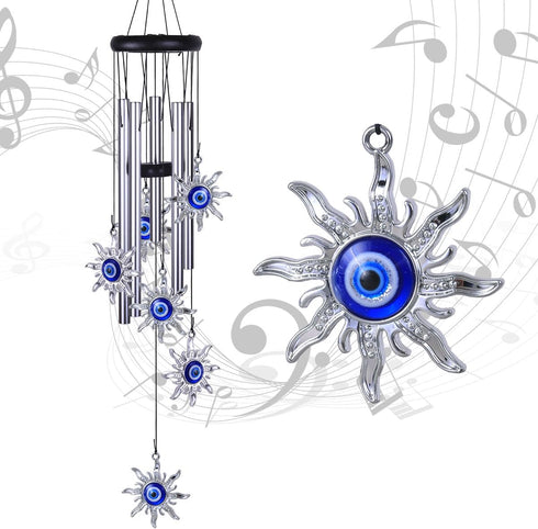 Blue Evil Eye Sun Wind Chimes Outdoor Decor, Mobile Sun Evil Eye Windcatcher, Evil Eye Sun Wind Bells, Sun Blue Evil Eye Amulet Wind Chimes for Ho...