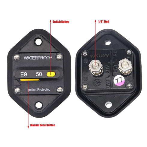 50 Amp Circuit Breaker with Manual Reset for Car Audio RV Truck Boat Marine, DC 12V - 48V | Waterproof IP67 Protection 50A Panel Mount...