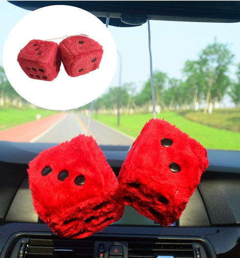 1 Pair Retro Dots Fuzzy Dice Car Mirror Hanging with Suction, Cubic Square Plush Dice Auto Rearview Mirror Dice for Car Ornament Decoration (Red)...
