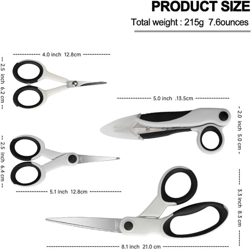 Premium Sewing Scissors Bundle, 8" Heavy Duty Fabric Scissors, 5" Embroidery Scissors, 4" Small Detail Scissors, 5" Thread Snips, Tailoring, Dress...