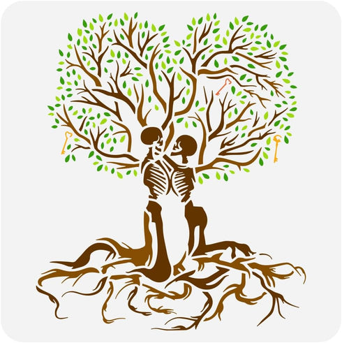 FINGERINSPIRE Tree of Life Stencil 11.8x11.8 inch Love Till Death Painting Stencil Plastic Couple Skull Tree Key Pattern Stencil Reusable DIY Art ...