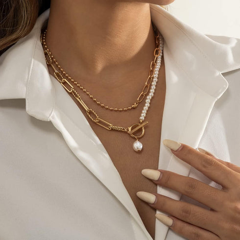 Dainty Pearl Pendant Necklaces Layered Baroque Choker Necklace Vintage White Pearl Chain Necklace Faux Pearls Statement Jewelry Gift for Women Tee...