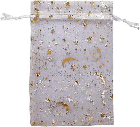 100Pcs 4x6 Inches Sheer Organza Drawstring Pouches Stars and Moon Wedding Party Favor Jewelry Candy Gift Bags (White)...
