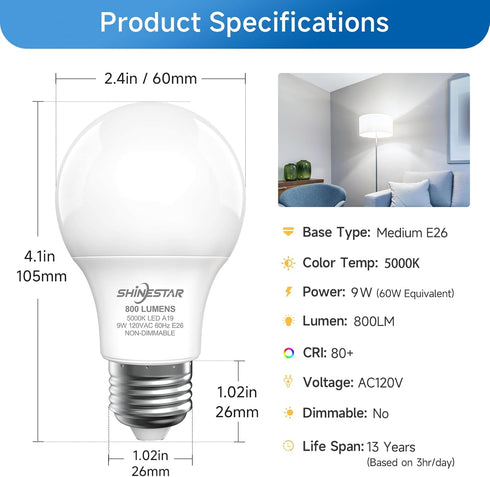 SHINESTAR A19 LED Light Bulb, 60W Equivalent Light Bulbs, E26 Base, 9W 5000K Daylight, 800 Lumens Non-Dimmable LED Bulb, 14000 Hour Lifetime, 6-Pa...