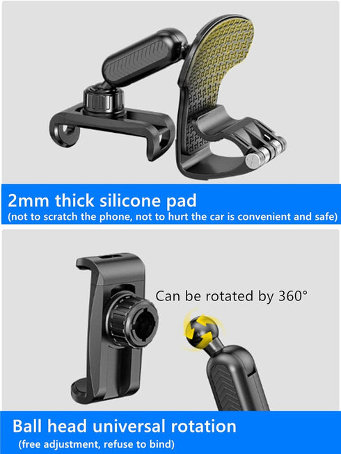 Car Dashboard Phone Clip Holder,360°Rotating Dash Steering Wheel Cell Phone Clamp Mount Stand Compatible with 4-7 Inch Smartphones Holder...