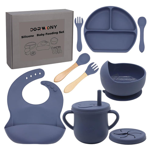 100% Silicone Baby Feeding Set,BPA Free Baby Dishes Set with Suction Bowl Divided Plate,Toddler Self Feeding Dish Set with Spoons Forks Sippy Cup ...