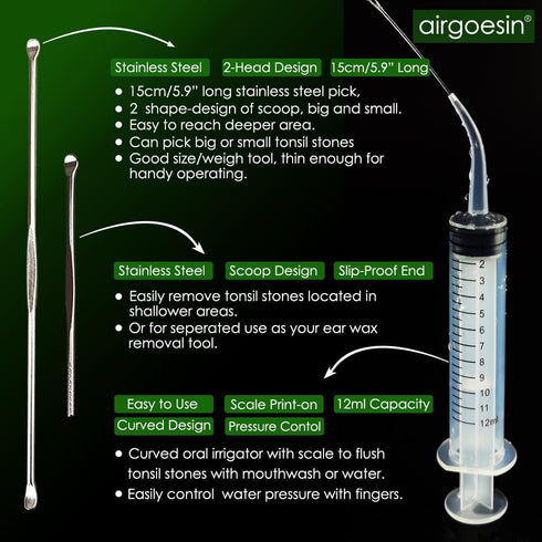 Airgoesin™ Upgraded Tonsil Stone Remover Tool, Blue, 5 Tips, Tonsillolith Pick Case + 1 Irrigator Fresh Breath Oral Rinse...