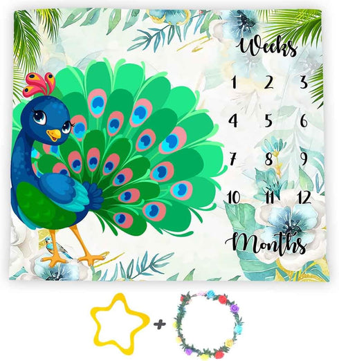 Peacock Baby Monthly Milestone Blanket, 48x40in Soft Flannel, Summer Flowers Colorful Feathers, Newborn Mom Gifts, Baby Shower Age Growth Tracker ...