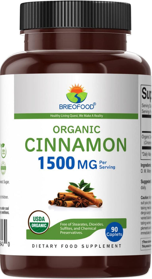 Brieofood Organic Cinnamon 1500mg, 45 Servings, Vegetarian, Gluten Free, 90 Vegetarian Tablets...