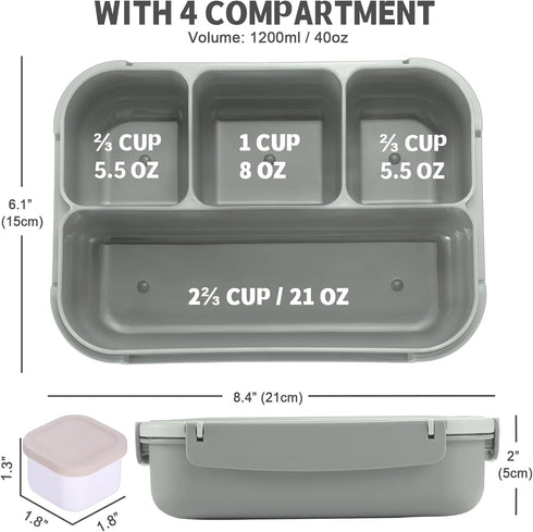 Bento Box Adult Lunch Box, Lunch Containers for Kids Girls Boys with 4 Compartments, Lunchable Food Container with Utensils, Sauce Jar, Muffin Lin...