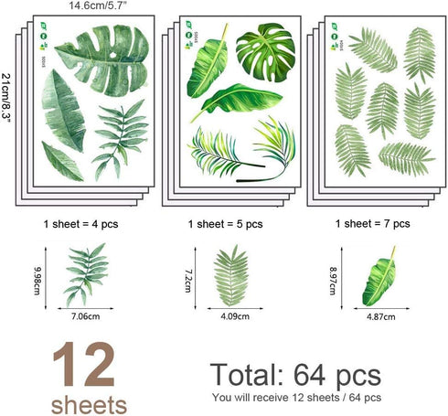 Leaf Wall Decals, H2MTOOL 64 PCS Removable Tropical Plants Tree Leaves Stickers for Kids Nursery Room Decor...