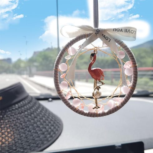 1 Pcs Flamingo Dreamcatcher Car Mirror Charms,Flamingo Car Hanging Ornament Rear View Mirror Pendant Dream Catcher Car Interior Rearview Mirror Ha...