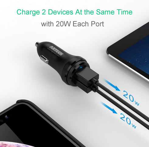 Car Charger, Arteck 40W 2 Quick Charge 3.0 USB Port Adapter with Dual QC 3.0, Compatible iPhone 15, 15 Pro, iPhone 14, 14 Pro, 13 Pro Max, 13 Mini...