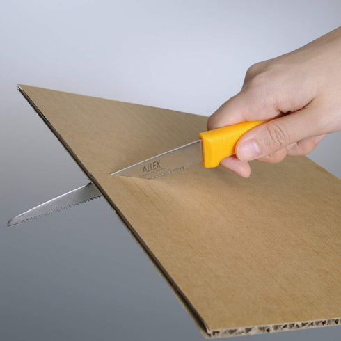 ALLEX Cardboard Cutter Tool Japanese Stainless Steel 5 Inch, Corrugated Cardboard and Styrofoam Cutter, Made in JAPAN, Serrated Sharp Blade, Yello...