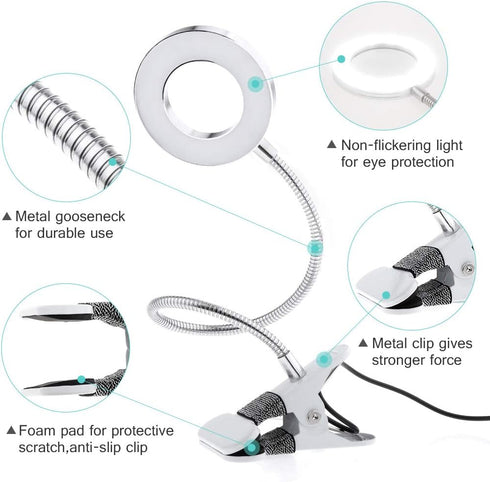 JimKing Ring Light, Tattoo Light Desk Lamp, LED Book Light with Clip, USB Bed Lamp for Live Show, Reading, Tattoo, Make Up, Manicure...