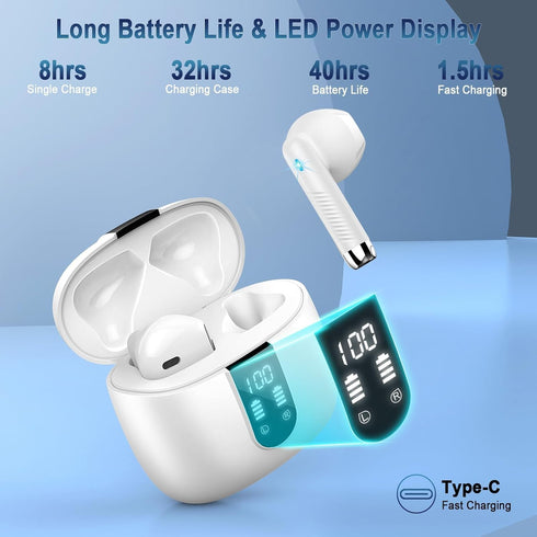 Wireless Earbuds, 2024 Bluetooth Headphones V5.3 Ear Buds Built-in ENC Noise Cancelling Mics, 40H Stereo Bass Bluetooth Earbuds with Dual LED Disp...