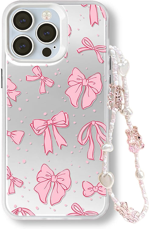 Aesthetic Bow Phone Case for Women Girls Cute Pink Ribbon Bow Phone Case for iPhone 14 with Chain...