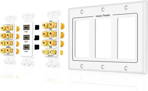TNP Home Theater Wall Plate - 3-Gang 7.2 Surround Sound Distribution w/Premium Gold Plated Copper Banana Binding Post Coupler for 7 Speakers, 2 RC...