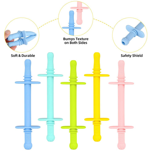 Fu Store Hollow Teether Tube with Safety Shield, 5 Pack Chew Straw Toy for Infant Toddlers Silicone Teething Toys for Babies 3-12 Months BPA Free/...