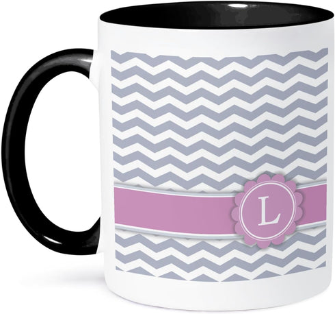 3dRose Letter L Monogrammed on Grey and White Chevron with Pink-Personal Initial Zig Zags Mug, 11 oz, Black...