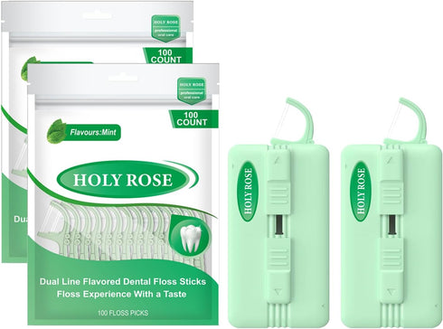 Holy Rose Mint Flavor Dental Floss Picks, Travel Dispenser 2 Boxes, Portable Flossers Case with 10 Count per Box, Bagged Floss Sticks, Twin-Line D...