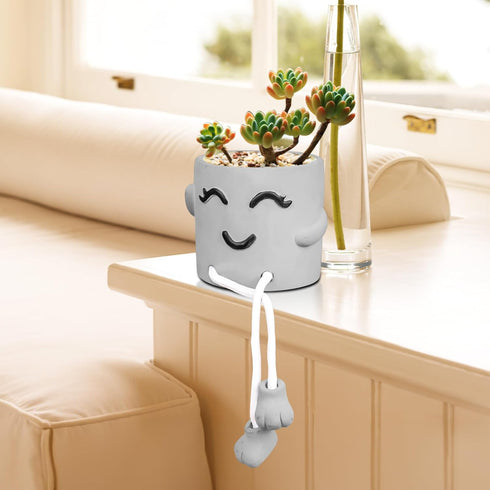Uguisu 1PCS Cute Smiley Face Plant Pot with Feet Hanging Cement Planter Succulent Planter Small Flower Pots Fun Planter for Home and Room Decorati...
