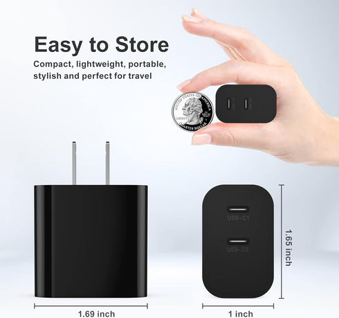 USB C Charger Block, 3 Pack PD20W Dual USB Type C Fast Charging Power Plug Adapter for iPhone 15/15 Pro/15 Plus/15 Pro Max/14/13/12, Watch Series/...