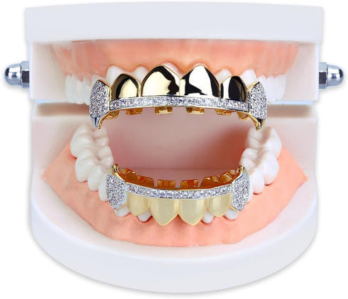TOPGRILLZ 14K Gold Plated Iced Out CZ Top and Bottom Vampire Fangs Werewolf Grillz for Your Teeth Hip Hop Halloween Accessory...