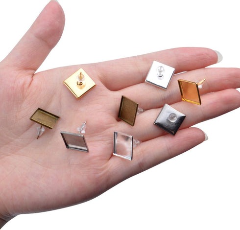 Aylifu 40 Pieces Stainless Steel Stud Earring Cabochon Setting Post Cup(12mm) with 40 Pieces of Clear Rubber Earring Backs for DIY Making - 4 Colo...