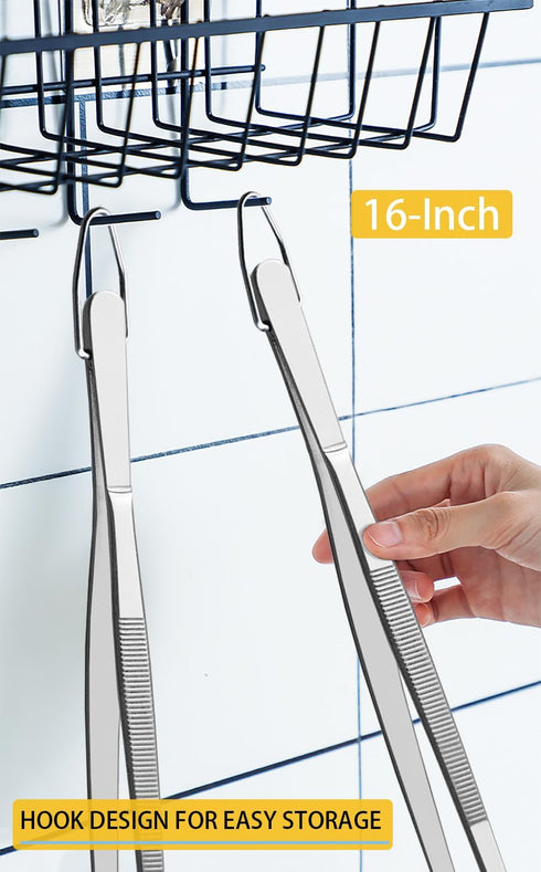 JETKONG 2 Pcs 16-Inch Kitchen Tweezers Extra Long Tweezer Tongs, Heavy Duty Stainless Steel Cooking Tweezers (Silver)...