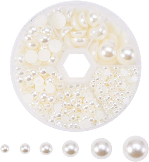 PH PandaHall Flat Back Pearl Beads 690pcs 6 Sizes Beige Craft Pearl Cabochons Half Pearls Loose Beads Gem for Nails Cup Shoes Wedding Dress Scrapb...