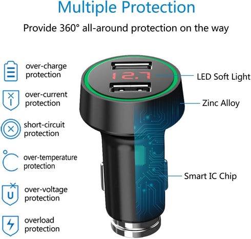 24W/4.8A Dual USB Car Charger, 12V to USB Outlet with Cigarette Lighter Voltage Meter LED/LCD Display Battery Low Voltage Warning (Black)......